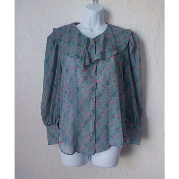 CRKO Cherry Koko Romantic Floral Blouse Green Pink Long Sleeves Button Up Fits M - Picture 1 of 6
